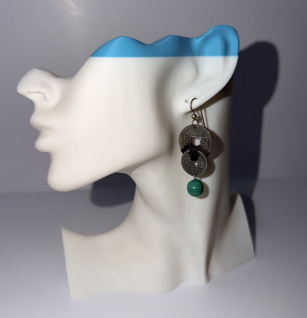Artisan Chinese I Ching Coin Drop Earrings with Genuine Malachite Beads